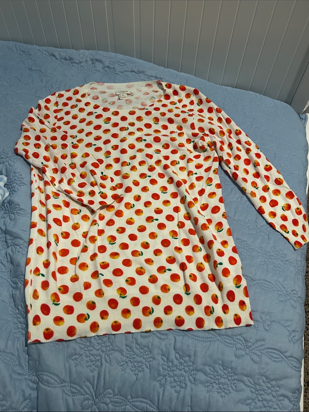 J. Crew Factory White Crewneck Sweater with Red and Orange Dot Fruit Print